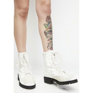 Shoe Republic LA White Crushed Velvet Combat Boots